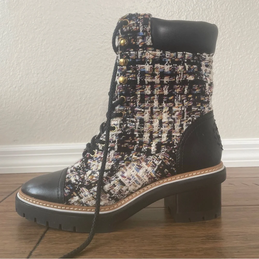 Tory Burch boots tweed booties black boots fall chunky boot lace up combat boot